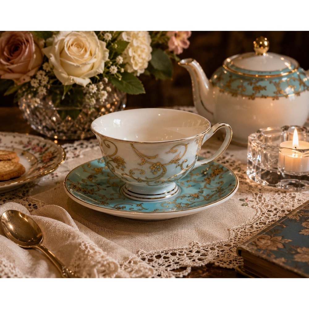 Grace Teaware Turquoise & Gold Scroll Teacup and Saucer